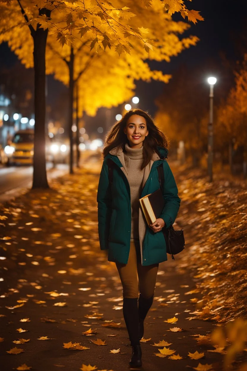 night yellow lights over the street trees autumn leaves under feet ,a Student adult girl with books in her hand walking in street looking to camera a boy walks after she few meters away her back