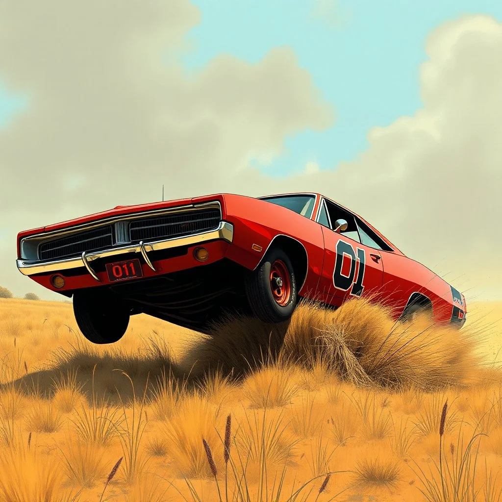 golden age of comic rendering, dramatic angle of dukes of hazard's general lee - 1969 red dodge charger with "01" on side jumping over a bush in a dusty field