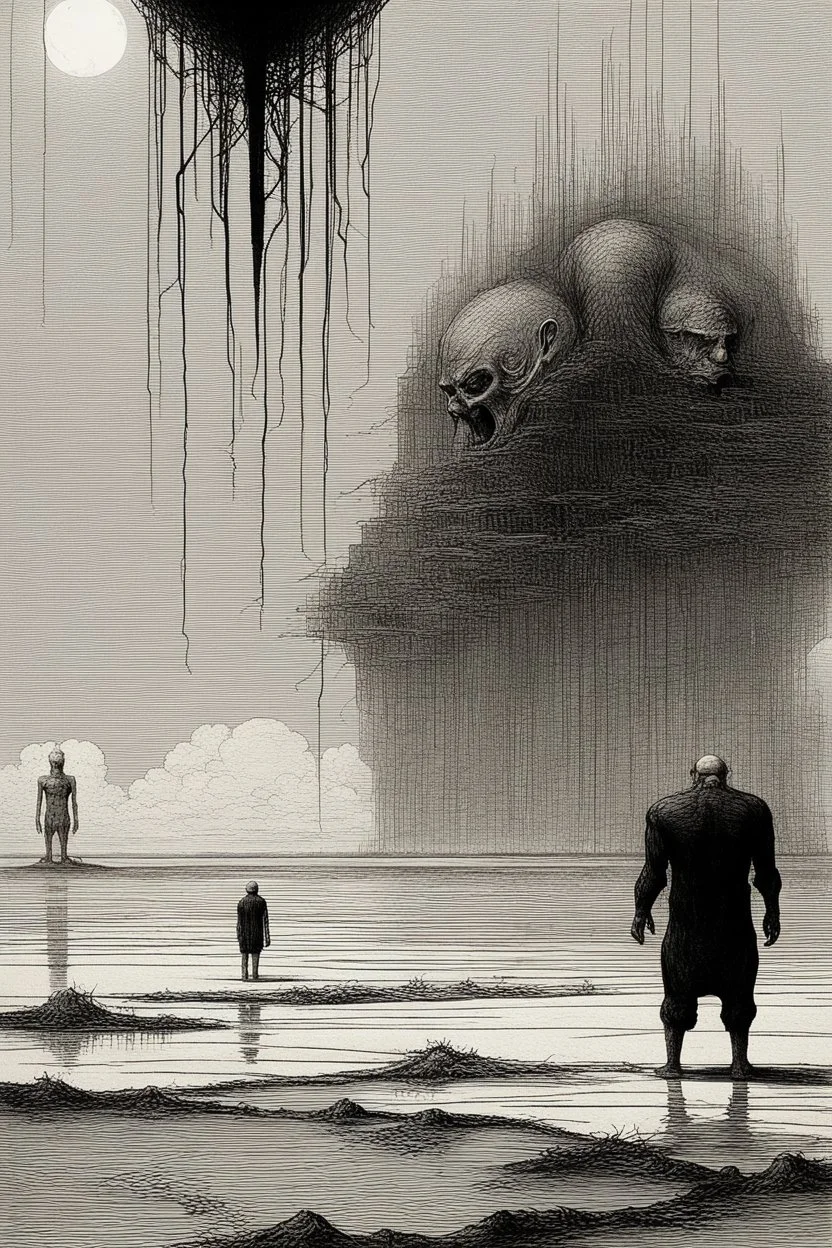 The full body of two fat old men , a thin line draw ، Siamese brothers with one body of two heads , front view camera, decayed and rotting with grotesque proportions and imagery. surreal horror, biomechanical design, by hr giger and beksinski , fine lines draw