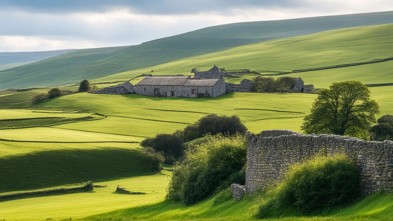 Beautiful landscape in the English Yorkshire Dales, hills, fields, rural buildings, dry stone walls, foorpaths, chiaroscuro, peace, tranquillity, beautiful light and colour