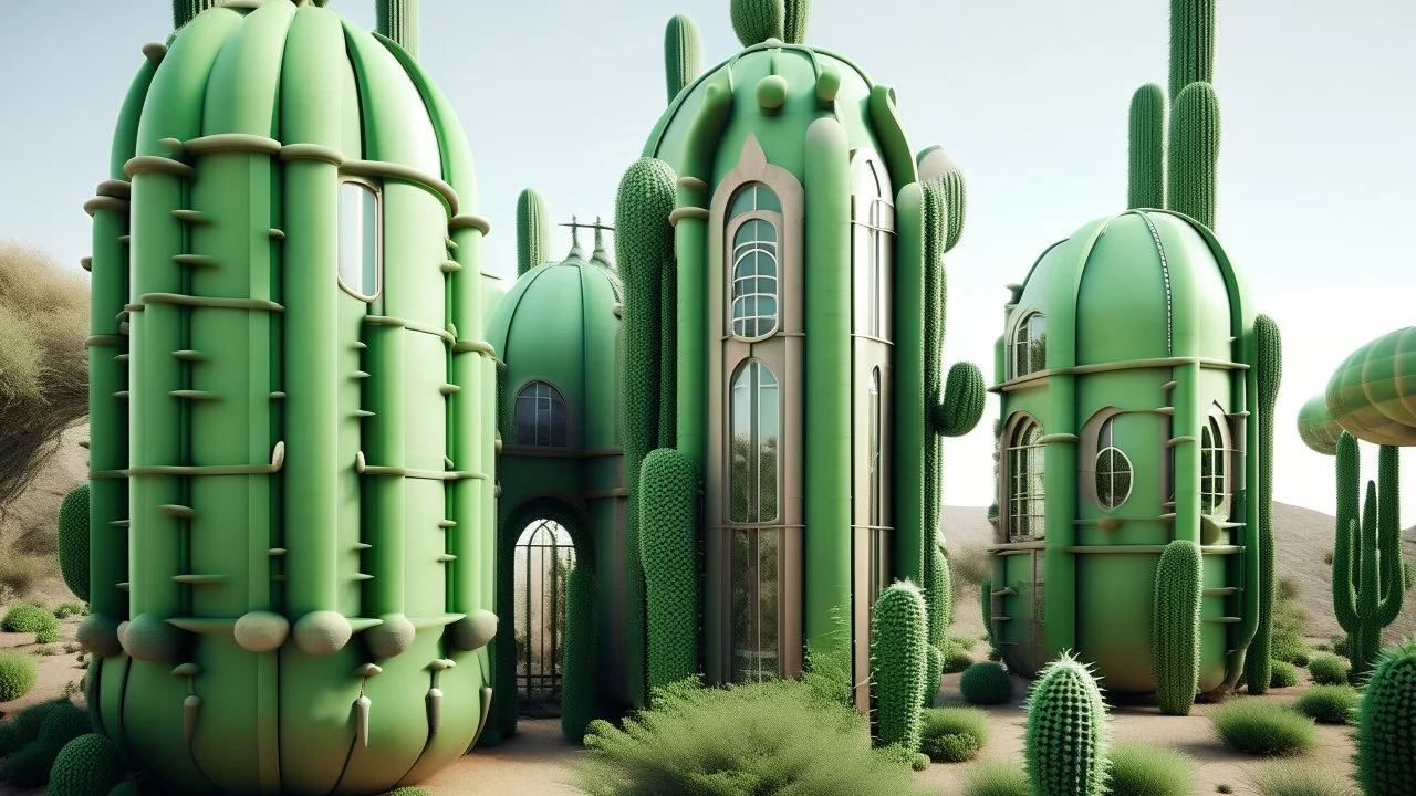 A surreal landscape featuring tall, cactus-shaped structures with windows, resembling futuristic dwellings, set in a lush desert environment. The structures are evenly spaced, with a muted green color and vertical ridges, adorned with climbing plants and flowers around the window frames. Each structure has a rounded, cage-like top section, some with visible interior lighting. The foreground is filled with dense vegetation, including flowering bushes with orange and green foliage, bordering a win