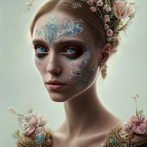 singer Danish MØ face, wildflower, facepaint, dnd character portrait, intricate, oil on canvas, intricate detail , soft smooth lighting, soft pastel colors, painted Renaissance style,