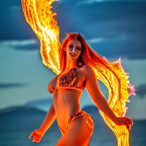 woman made of fire, fire angel, fire clothes, full body portrait, long flowing hair, only wearing bikini made of fire, highly detailed, real life photo, photo quality, extremely detailed, high quality, standing in fire, highly detailed