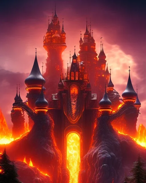 large rollercoasters in hell like castle, 8k, lava, rollercoaster