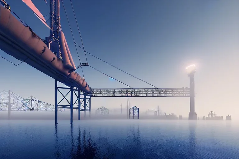 oakland boat port in california, urban , slums , view of port from the sea, bridge in background , fog , realistic, unity, scriptable render pipeline , cinematic lighting.