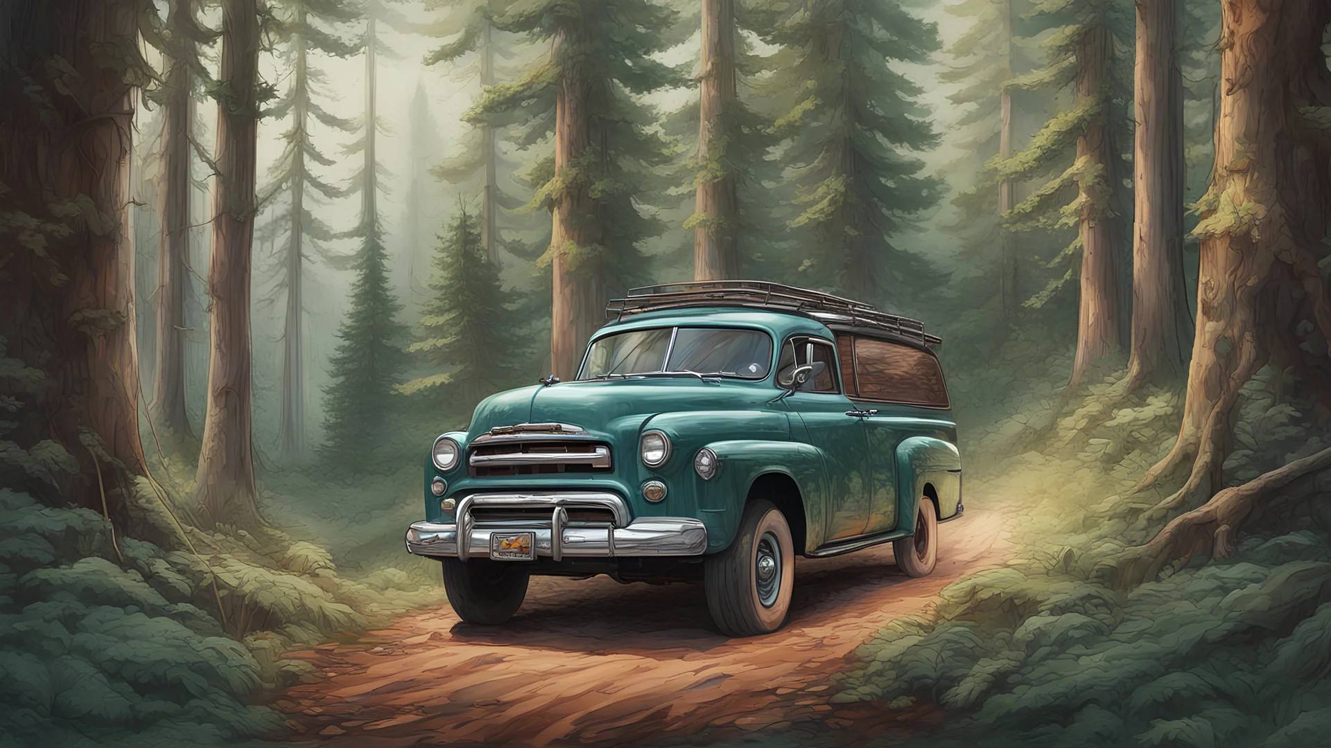 a lumperjack drives with his 1952 GMC Suburban through the forest, a variety of small details in the background, masterpiece, hyperdetailed, trend in the artstation, intricate details, highly detailed, highly detailed, digital painting, perfect result, ultra hd, realistic, vivid colors, highly detailed, UHD drawing, pen and ink, perfect composition, beautifully detailed, intricate, intricate octane rendering trending on artstation, 8k art photography, photorealistic concept art, perfect light,