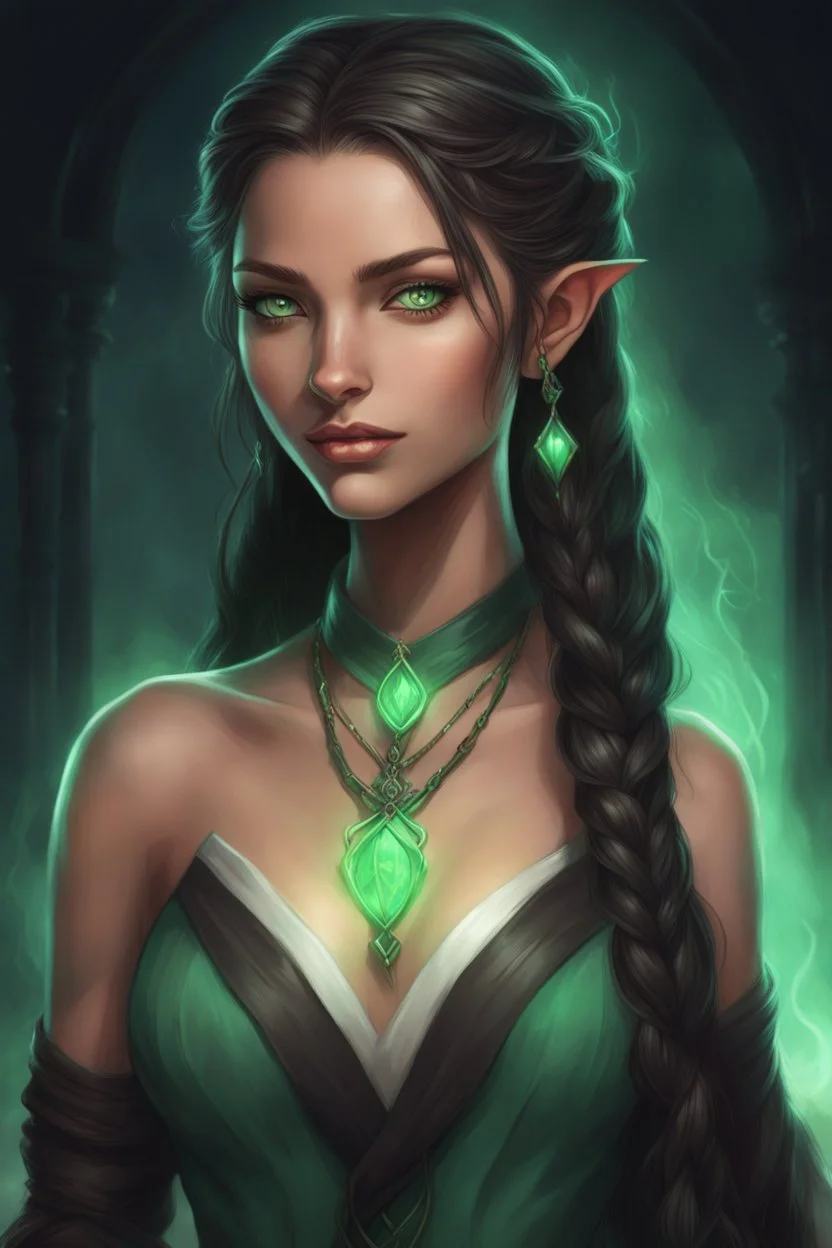 Young beautiful female Hexblood Warlock with lightly tanned skin, long silky dark brown hair styled in elegant half-braids, the rest flowing straight down her back. Bright glowing pale emerald-green eyes, delicate features, full lips, and a calm mischievous smile. Subtle dark vine-like markings trail along her neck and collarbone, hinting at ancient magic. Dark fantasy, realistic, cinematic, highly detailed.