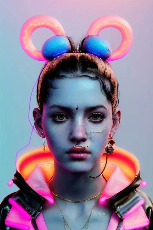 Ultra Realistic image, Rosalía artist, portrait, waist up portrait, black eye line, sweet face, gold pink and blue geisha style, spray line make up, geometric, led lights, neon, rings piercing, led ornament, fog, bubble latex coat, vibrant color, highly detailed, art stations, concept art, smooth, unreal engine 5, god rays, ray tracing, RTX, lumen lighting, ultra detail, volumetric lighting, 3d, finely drawn, high definition, high resolution.