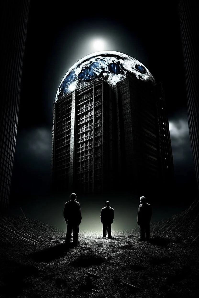 THE MOON HIDDEN SHADOWY FIGURES beuracracy in old abandoned skyskraper meeting big brother STYLE OF HIROKU OGAI