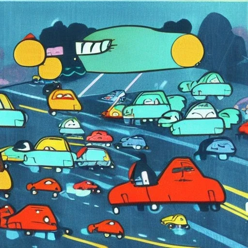 kaiju car traffic in miro style