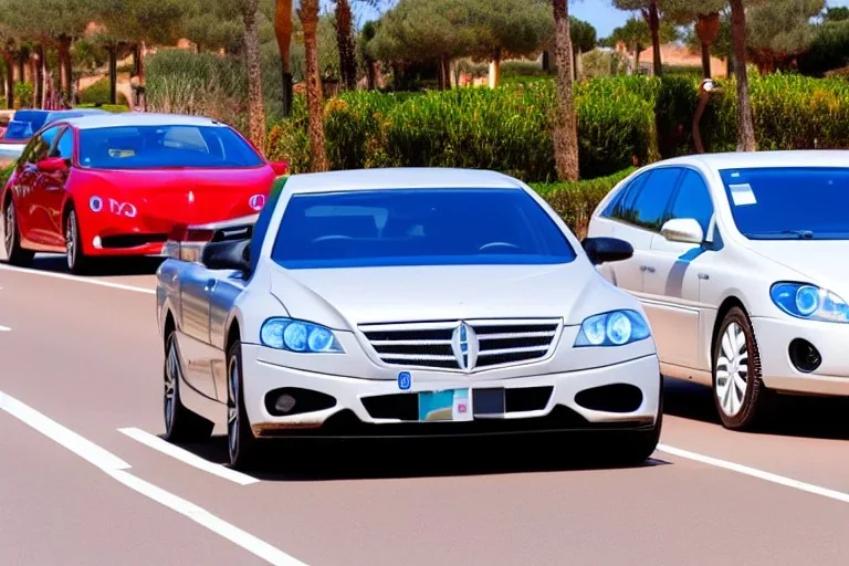 Day in quinta do lago, main avenida with two luxury car, with red cycling lane on both sides