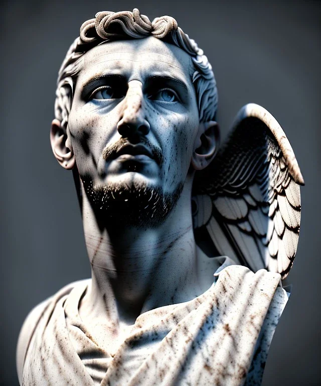 Ultra Realistic image, roman sculpture, marble deluxe material, Angel di maria soccer player, Greece Laurel crown, miguel angel style, chisel style, emperador, waist up portrait, cinematic lighting, God light, god rays, 4k resolution, smooth details, ornate details, soft lighting, unreal engine 5, sky background.