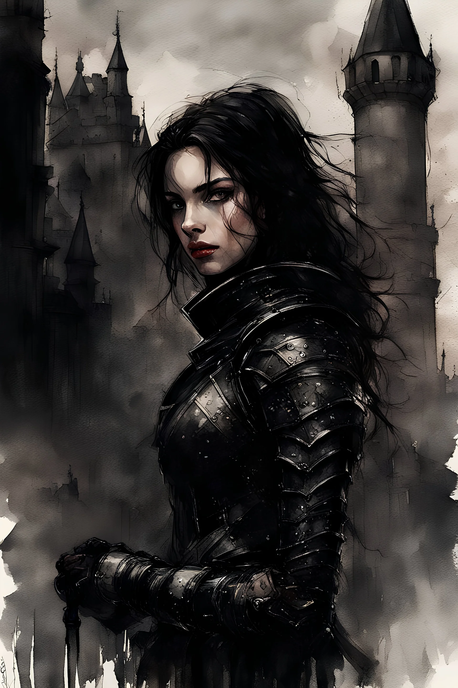 a young black-haired girl in medieval black armor on the castle grounds, dark tones, watercolor, dark fantasy, bad weather, gloomy day, dark world, sketch art, fine lines, grunge, sensual, darkness, by Raymond Swanland & Alyssa Monks & Anna Razumovskaya