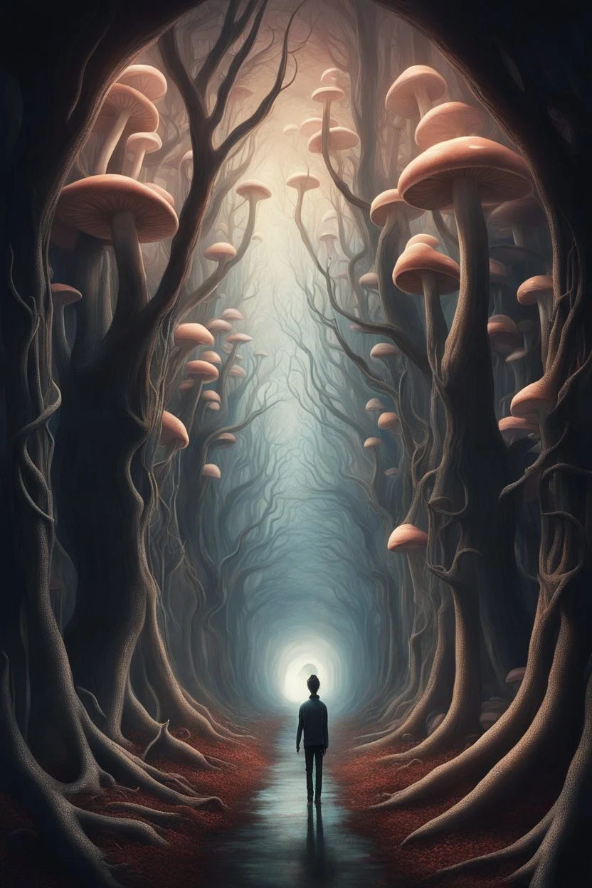 A surreal scene a tunnel-like structure filled with intertwined mushrooms trees , The tunnel is lined with countless writhing aliens bodies, creating a chaotic and nightmarish atmosphere. At the end of the tunnel, a solitary figure walks towards a distant light source, casting a glow that illuminates the scene. The overall color palette is muted with shades enhancing the ominous and unsettling mood. The level of detai
