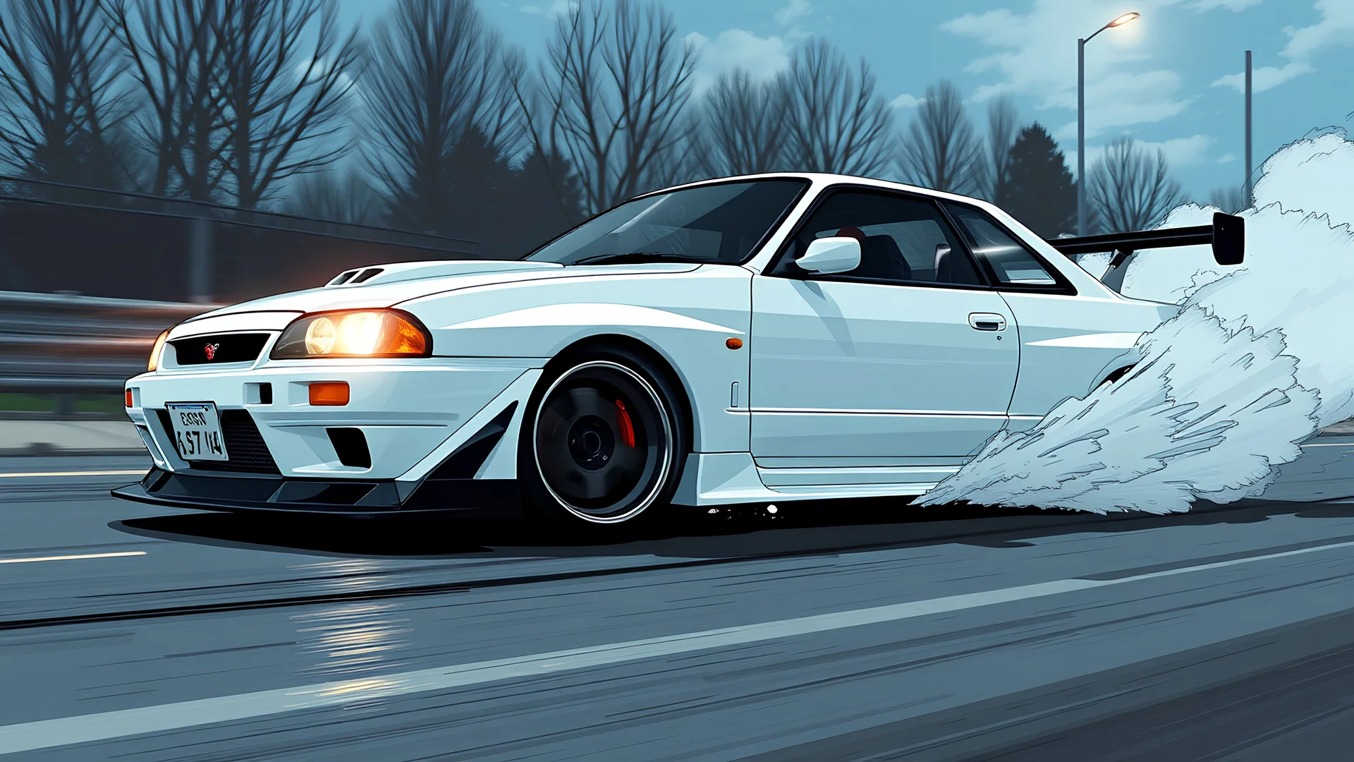 white Nissan skyline R35, 80s anime drifting