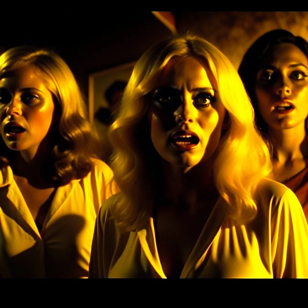 Horror movie shot, spooky, hot, ultra realistic, dine, desert, ultra realistic hot blonde women, party, organic, ail, dynamic, very excited people, hypermaximalist light, 1970's Italian horror movie, sinister, Dario Argento, Stanley Kubrik, ornate, 4k, photorealism