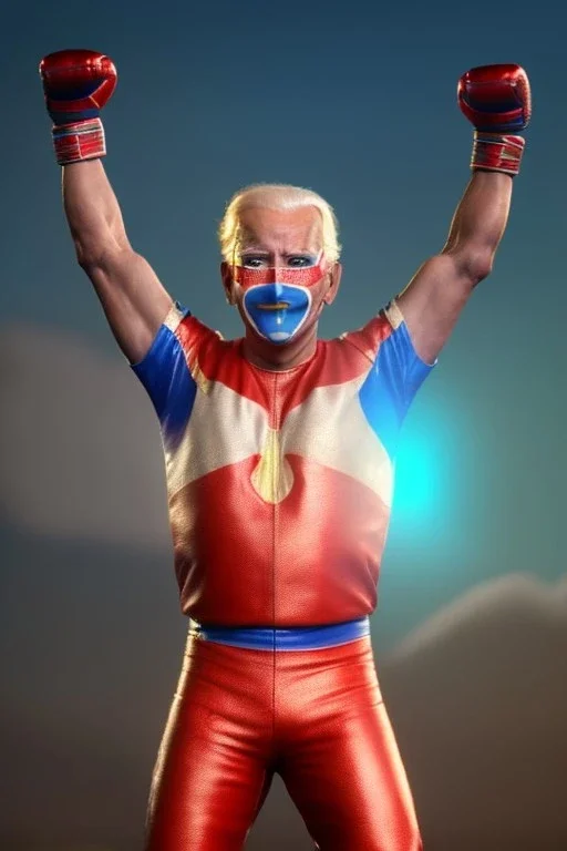 realistic image of joe biden as a mexican wrestling fighter posing, Mexican eyes wrestling mask, red and blue breeches, retro style, 80s, vibrant color, highly detailed, sky background, concept art, unreal engine 5, god rays, ray tracing, RTX, lumen lighting, ultra detail, volumetric lighting, 3d, finely drawn, high definition, high resolution.