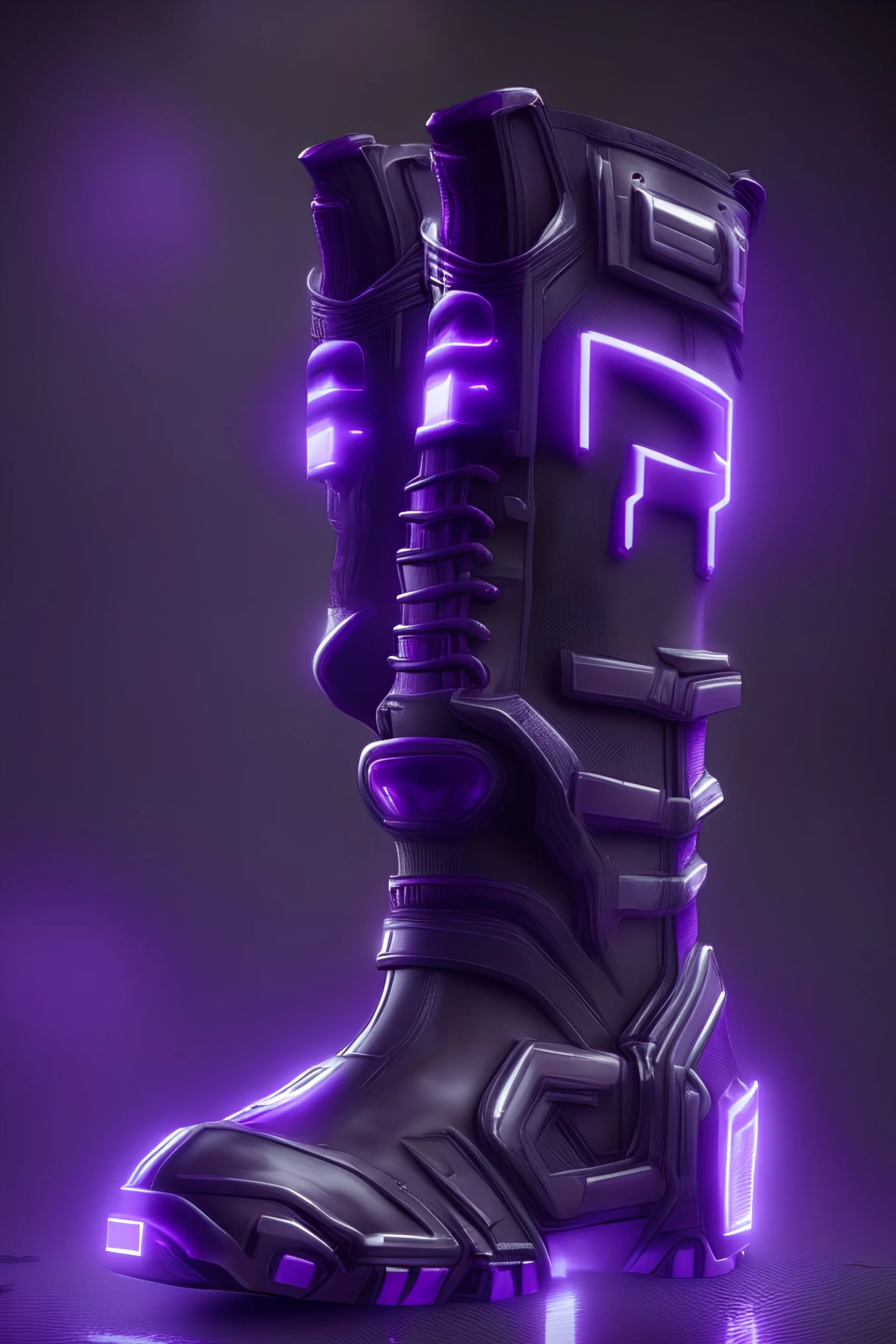 Very detailed, realistic, futuristic video game cyber boots. Light in weight. Dark purple and black, with light purple lights. And a logo the letters P, L, A, Y, R, in that order. Make it look as authentic and as high res as possible.