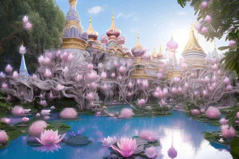 a magical crystal flower lotus magnolia lys bougainvillier, blue gold house russian palace castle in the woods, magnolias pink,blue lake,sun,white swanns,pink vertical, blue lake,sharp, vines, candlelit, endor, ornate, elegant, highly detailed, artstation, concept art, smooth, sharp focus, illustration, 8k, splash art, wallpaper, key visual