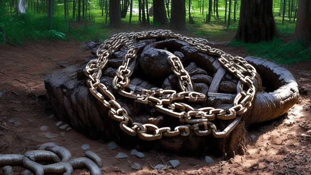 Backyard chain attached to a giant log made of feces