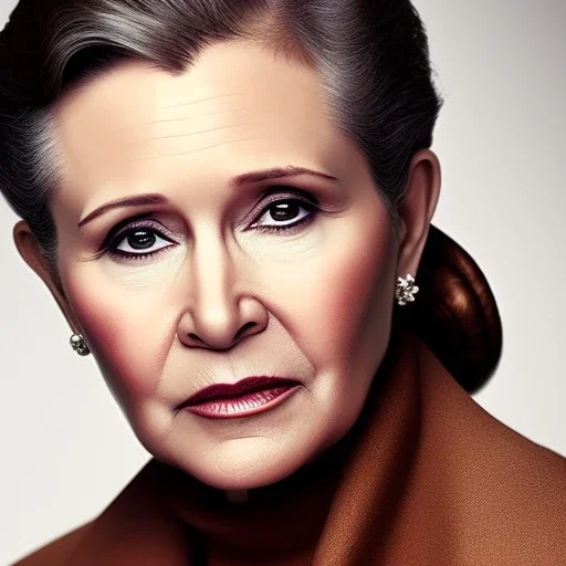 realistic analog style photography by Annie Leibovitz, photorealistic close up face of carrie fisher, soft ethereal skin, symmetrical short hairstyle,studio lighting, sharp brown eyes, dark plain background