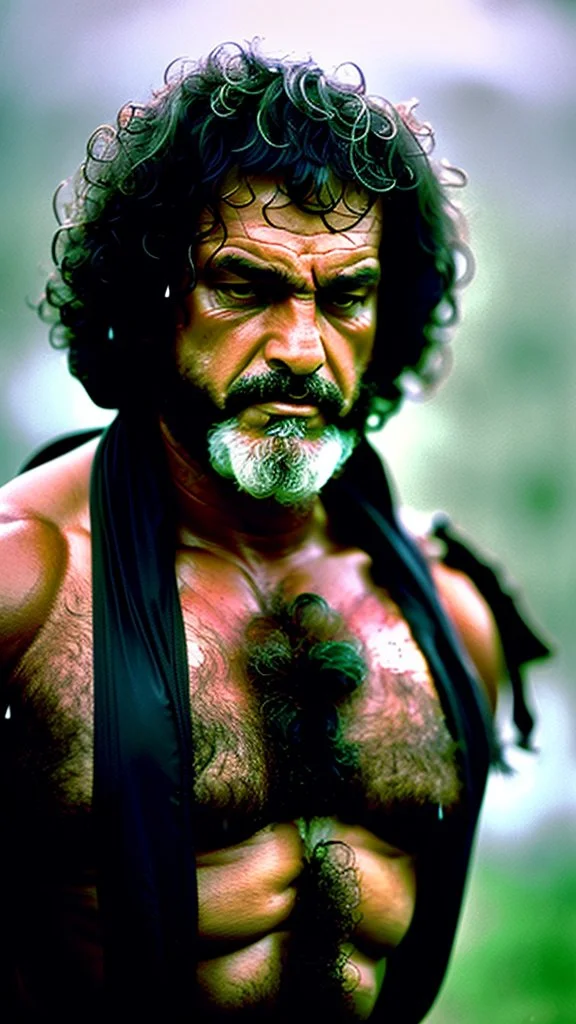 full figure photography of a serious wet dirty muscular ugly chubby sweaty 63 years old strong sardinian shepherd sitting under the rain , bulge, manly chest, beard, curly hairs, photorealistic, 4k, misery, poverty, emotive eyes, daylight