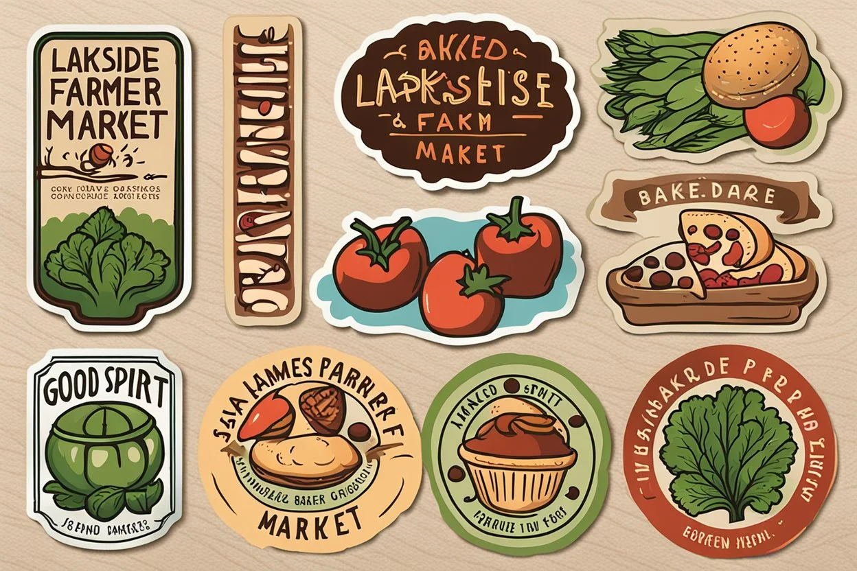 Stickers for a lakeside farmers' market "Good Spirit Market" in a national parks sticker style, featuring illustrations of baked goods and fresh produce