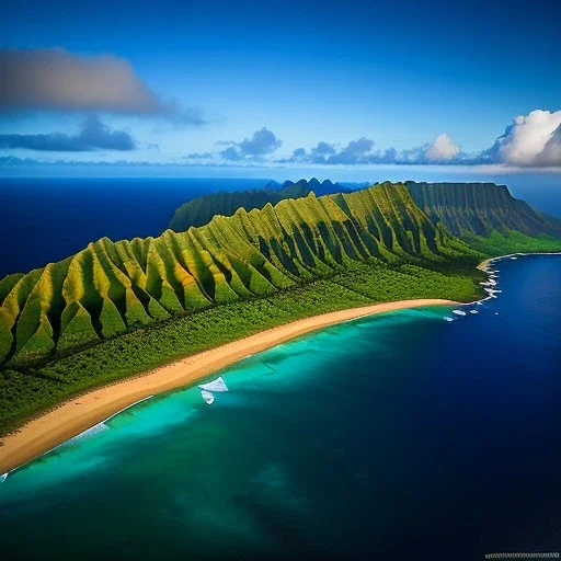 Nā Pali Coast Wilderness State Park, Hawaii,aerial view,cloudy,extremely detailed digital painting, high resolution,8k, realistic, beautiful, volumetric lighting, mystical colors ,perfectly centered image, perfect composition, rim light, beautiful lighting,masterpiece, stunning scene, raytracing, anatomically correct, in the style Van Gogh and robert e howard and Ken Kelley and Ohrai Noriyoshi and Simon Bisley and tomzj1.