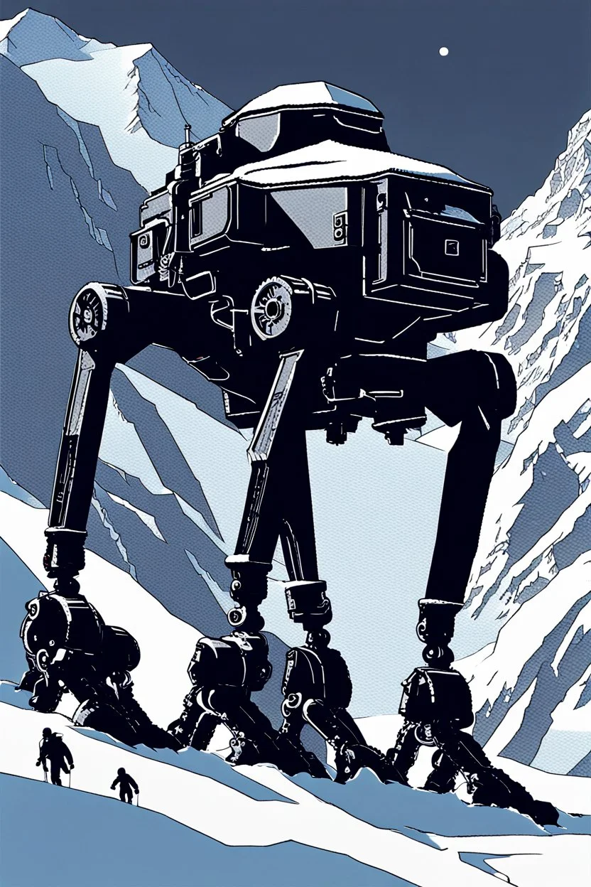 a minimalist silhouette of a sleek mechanical walker with eight legs scaling a very steep snow covered side of mout everest at night, it has a smooth surface, it has storage pods on its belly and humans can fit in the pods