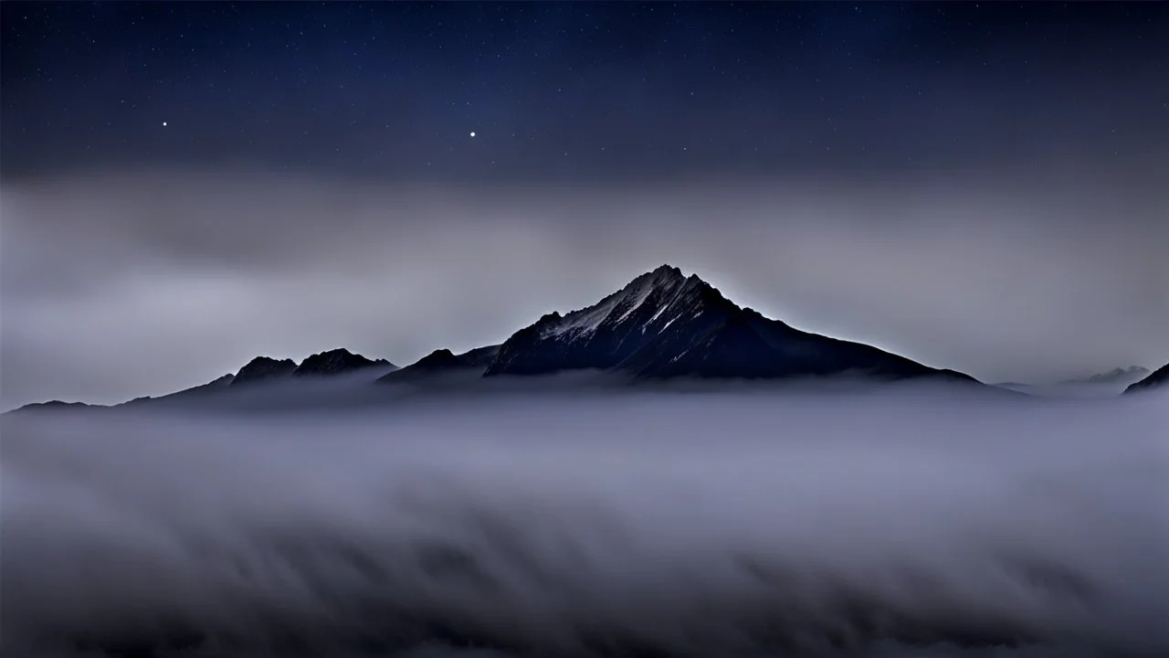 misty foreground and night sky, no sun, single mountain peak coming through the mist