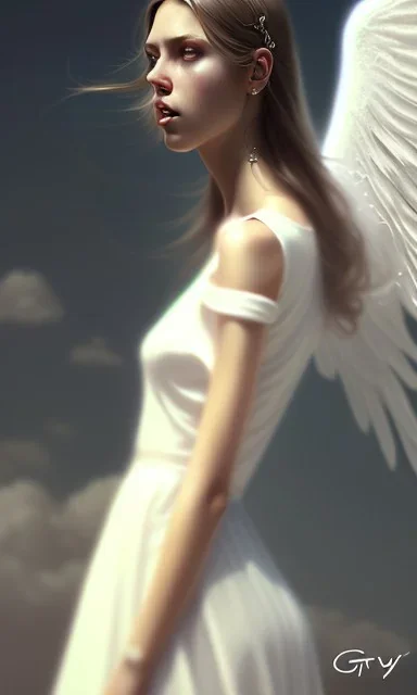 girl, cute, beautiful, angel, long white dress, portrait by Greg Rutkowski