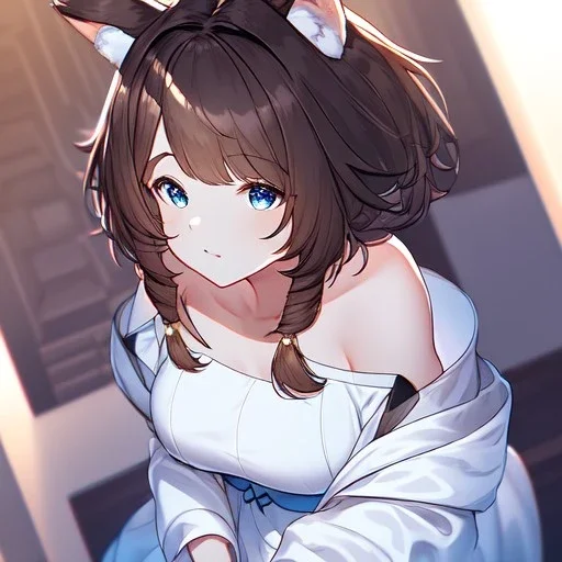 Clear focus, High resolution, Long fluffy brown hair, blue eyes, wearing a white skirt, detailed outfit, wearing a jacket oversized off shoulder, rough line, hair above ears, dog ears, off shoulder white shirt, chopped bangs, parted hair, medium locks