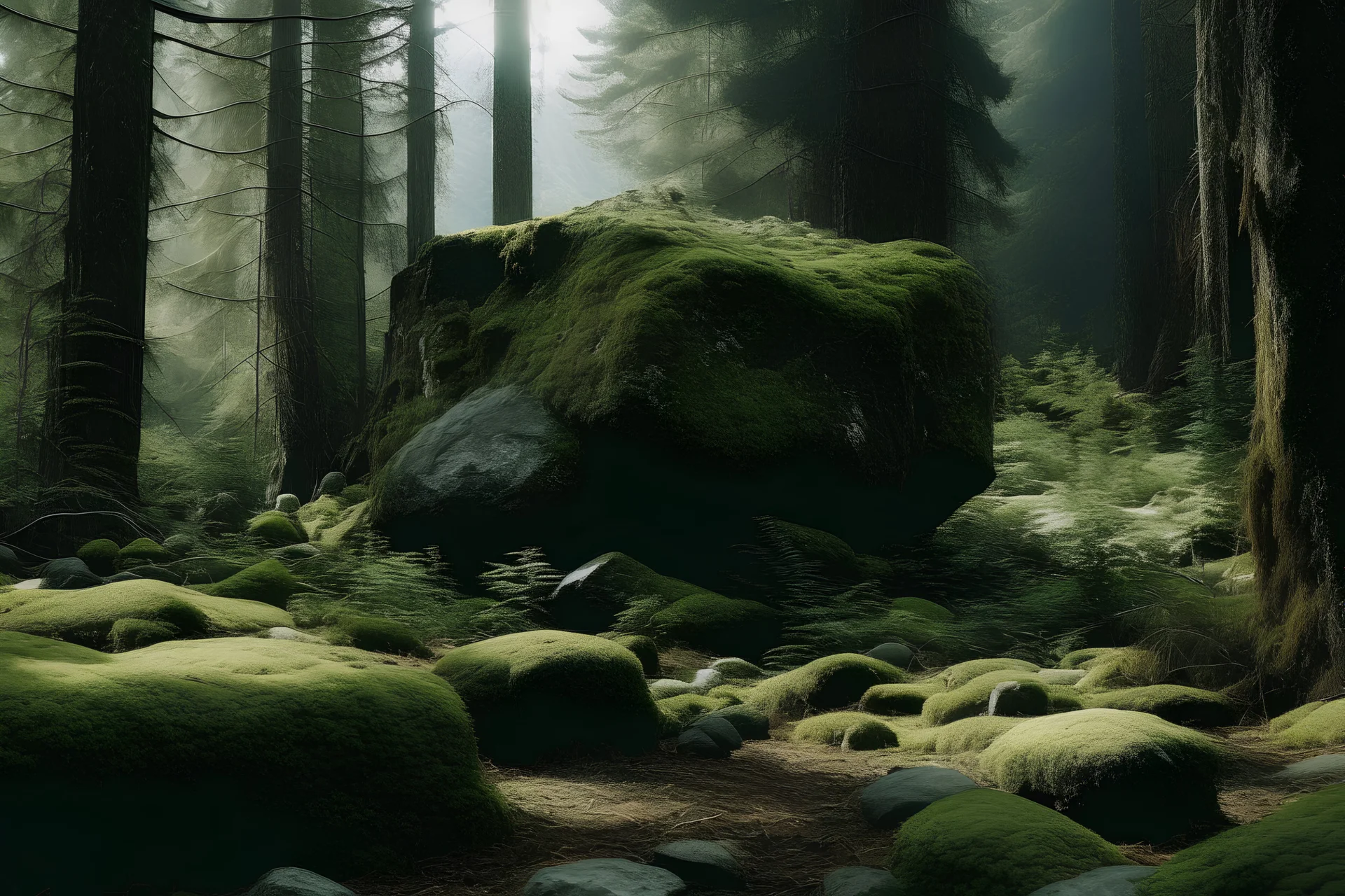 a forest with big rock on center