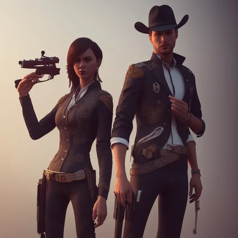 male and female gunslingers, badass, two guns, black fedora, dark red eyes, fanatsy, si-fi, photo realistic, ultra realistic, 8k, unreal engine 5