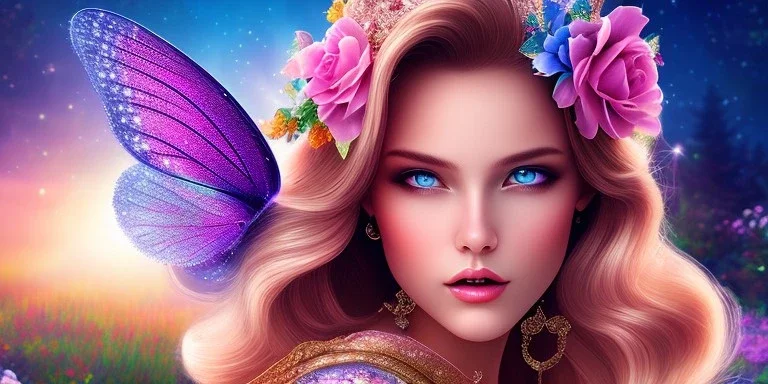 bright fairy, beautiful portrait, flowery landscape