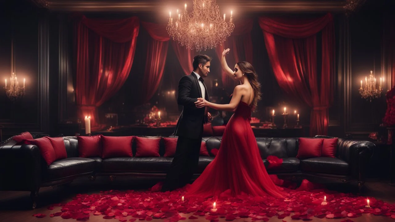 Hyper Realistic handsome muscular guy in black tuxedo & a beautiful girl in classy red gown dance in romantic bedroom with black leather couch and candles all around with dramatic ambiance with rose-petals at dark night.