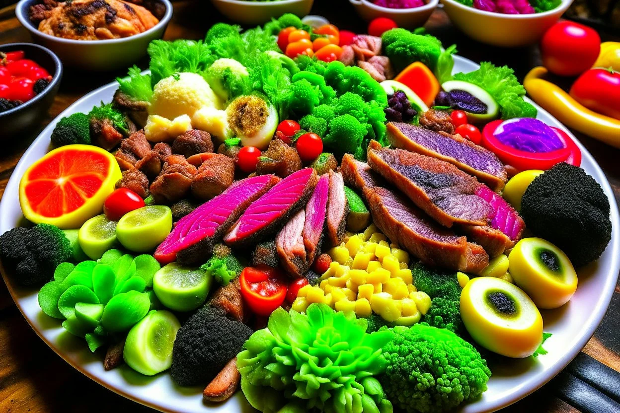 The picture shows a tasty and tempting dish containing a variety of delicious foods. The foods include slices of perfectly grilled meat and crispy fresh vegetables pulsating with colors and flavors.