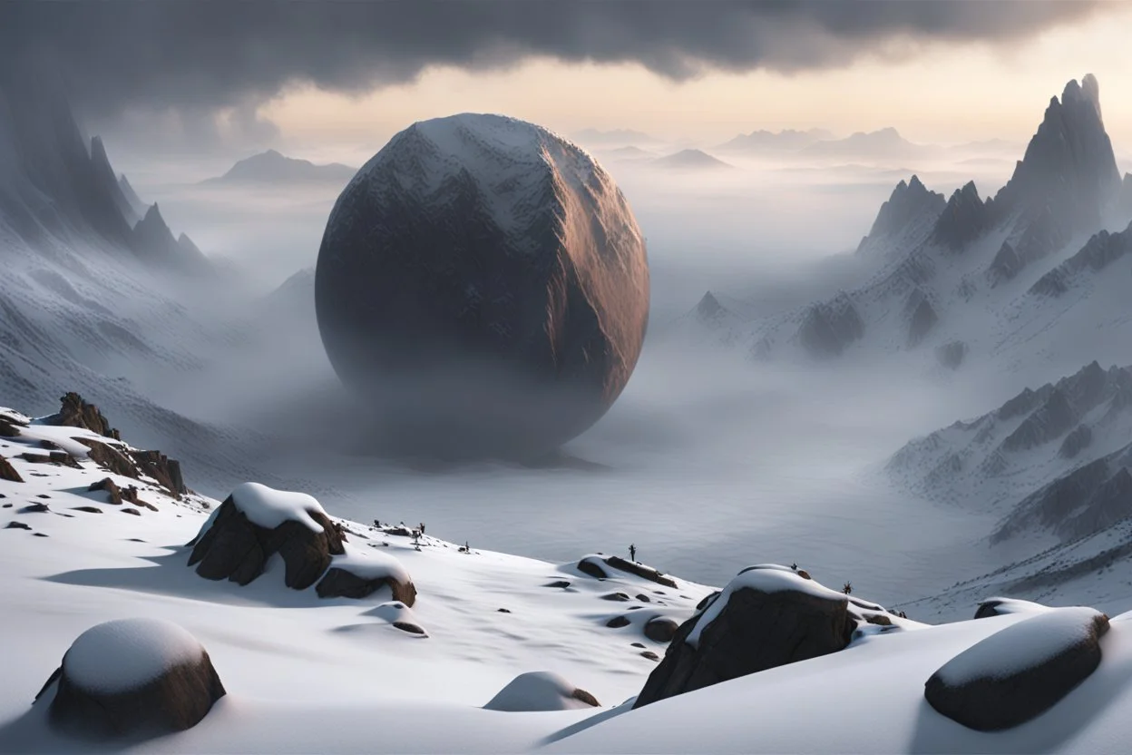 a giant spherical meteor is the focus of the image, crashed and positioned into the tip of a snowy mountain peak, shrouded in mist. cinematic lighting, artstation, grim mood