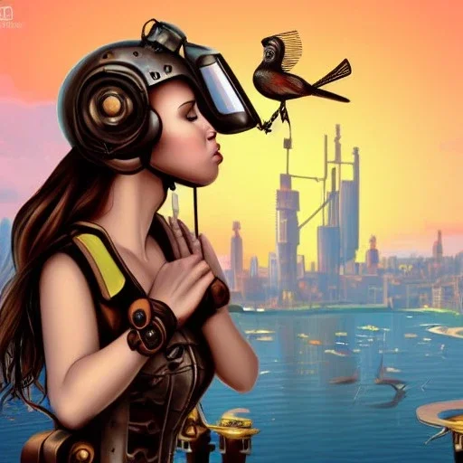 great illustrator, spanish, realistic rendering of a cute spanish girl kissing a cybergirl with helmet, beautiful, steampunk style. Helmet with tubes. Machinery in the background. robotic bird flying. High details. 4k. unreal engine, sunset Upscale PRO great illustrator, spanish, realistic rendering of a cute spanish girl kissing a cybergirl with helmet, beautiful, steampunk style. Helmet with tubes. Machinery in the background. robotic bird flying. High details. 4k. unreal engine, sunset