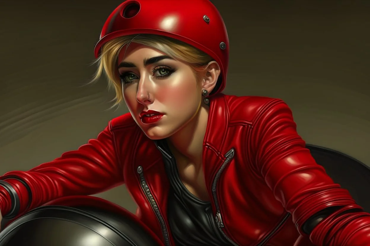 Fotorealistisch Miley Cyrus in rotem Leder mit Helm liegt lasziv auf Motorhaube und schaut Betrachter an