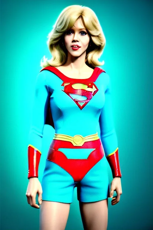 portrait, blonde, Jane Fonda, make-up, happy, Realistic image, retro pop, 60s, supergirl, tights minimal dress, sweat, Color background, photo studio, concept art, smooth, unreal engine 5, god lights, ray tracing, RTX, lumen lighting, ultra detail, volumetric lighting, 3d, finely drawn, high definition, 4k.