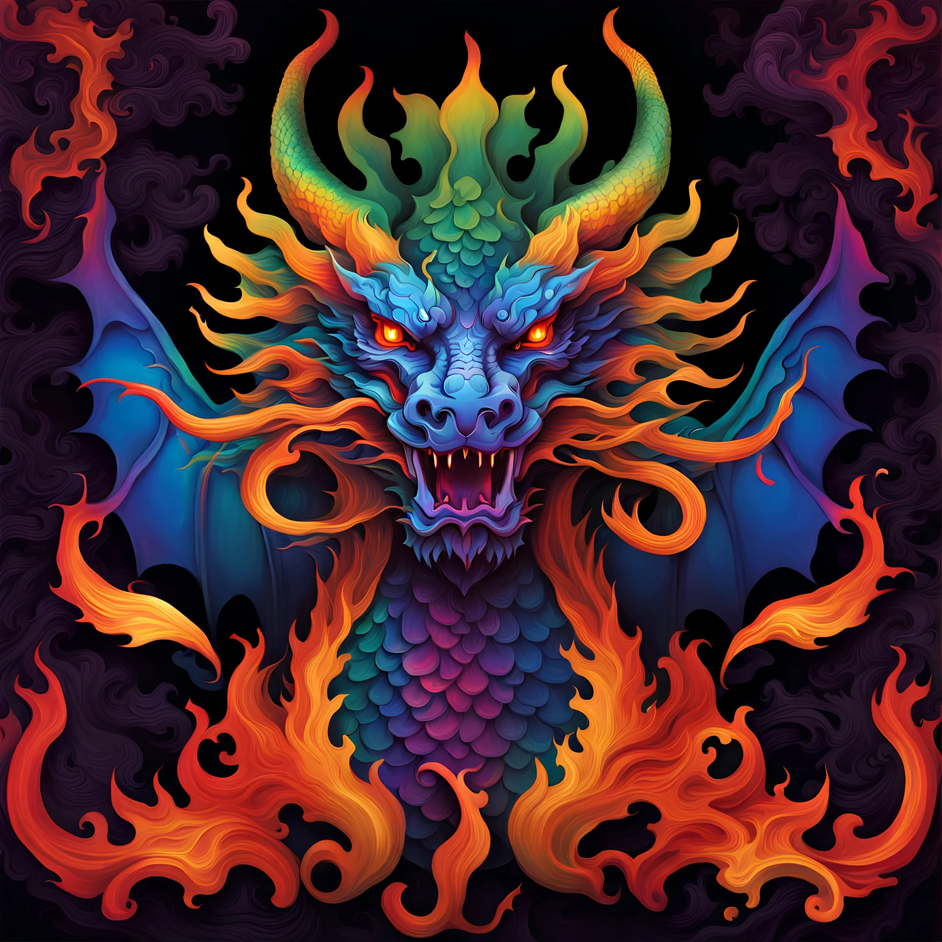 {Rorschach} of ink blots metamorphosizes into a dynamic explosive (chinese golden_dragon: 1.5), front and center, symmetrical, scales, flames, red, illuminated by the iridescence of rainbow colors. The dragon carving is complex and detailed. The colors of the sculpture go from blue at the top to green, then purple and finally orange at the bottom, giving a rainbow effect. The iridescent light shines brightly with fine holographic glitter sprinkled magic