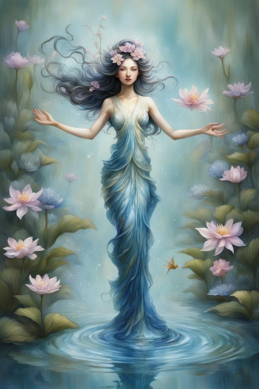 Alchemy RefinerSsterbenart A graceful floating water goddess Suggested details Asian-like style A graceful floating water goddess, her delicate figure is surrounded by a tranquil garden of ethereal water flowers. These flower petals convey many emotions, moving gently with the wind rippling on the surface of the clear water. The stems of aquatic plants come in many vibrant colors, dazzling with their beauty. This captivating scene is depicted in a painting of stunning detail, where every aspect