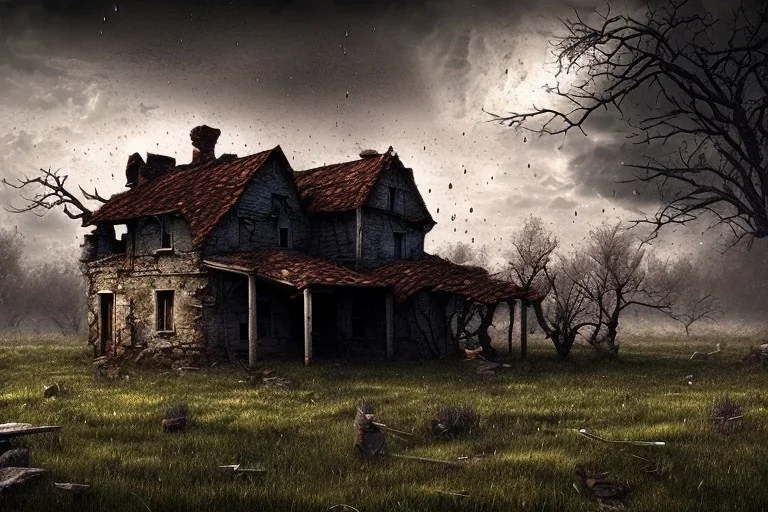 Old farmhouse, wasteland, storm, ruins, rain, craters