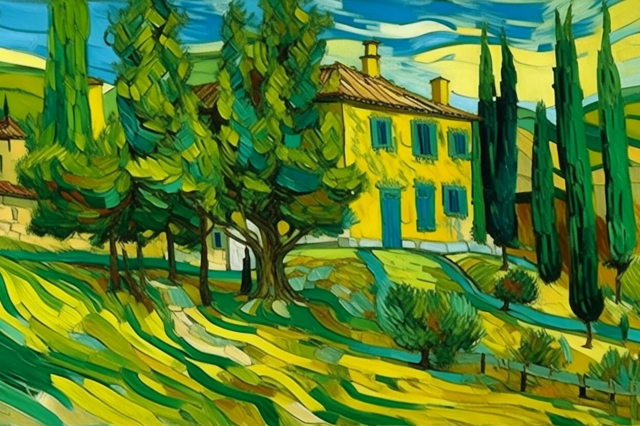 A yellow burg with olive trees in daylight painted by Vincent van Gogh