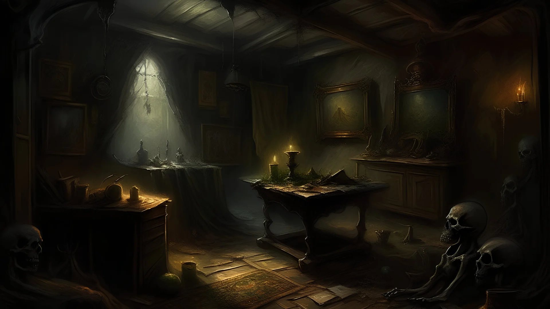 A chilling oil painting with intricate brush strokes and dark colors, depicting an eerie room filled with ancient artifacts and mysterious symbols. The shadows seem to move, hinting at a hidden presence lurking in the corners., A sense of dread and unease permeates the scene, as if something sinister is about to be revealed., A haunting atmosphere that evokes a sense of impending doom and eldritch horror