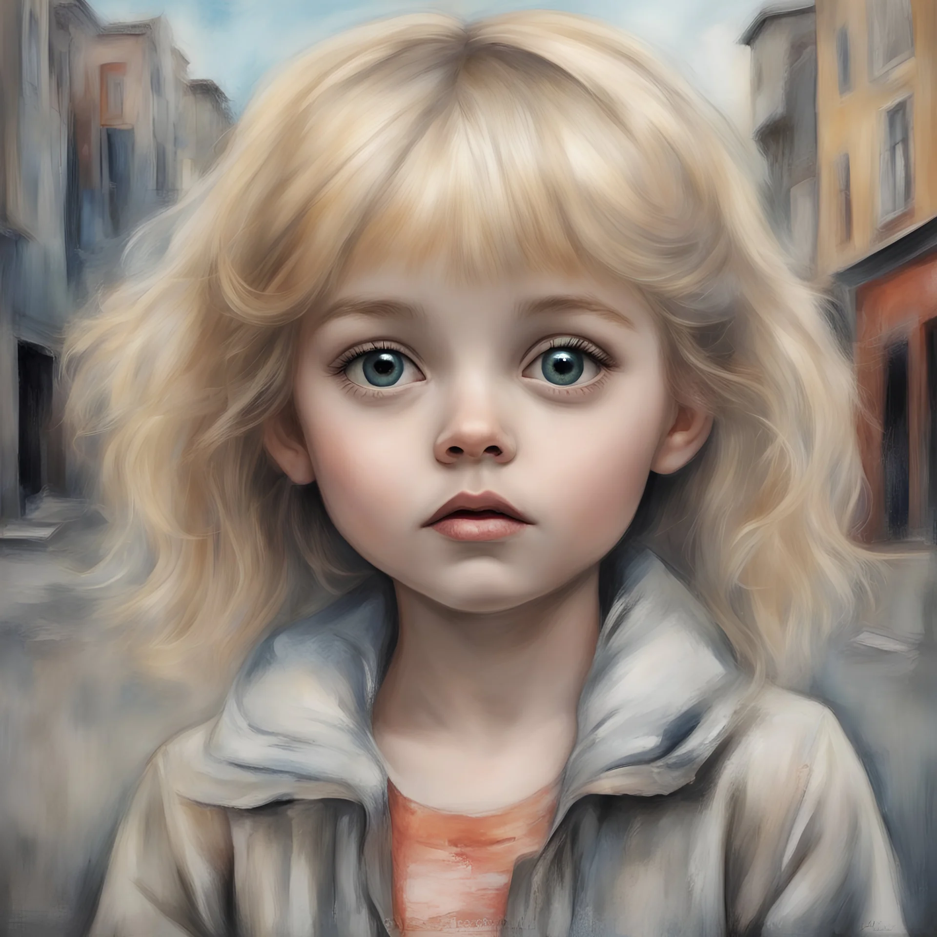 blond Little girl , grunge, loin the street ng hair, , in the style of Margaret Keane