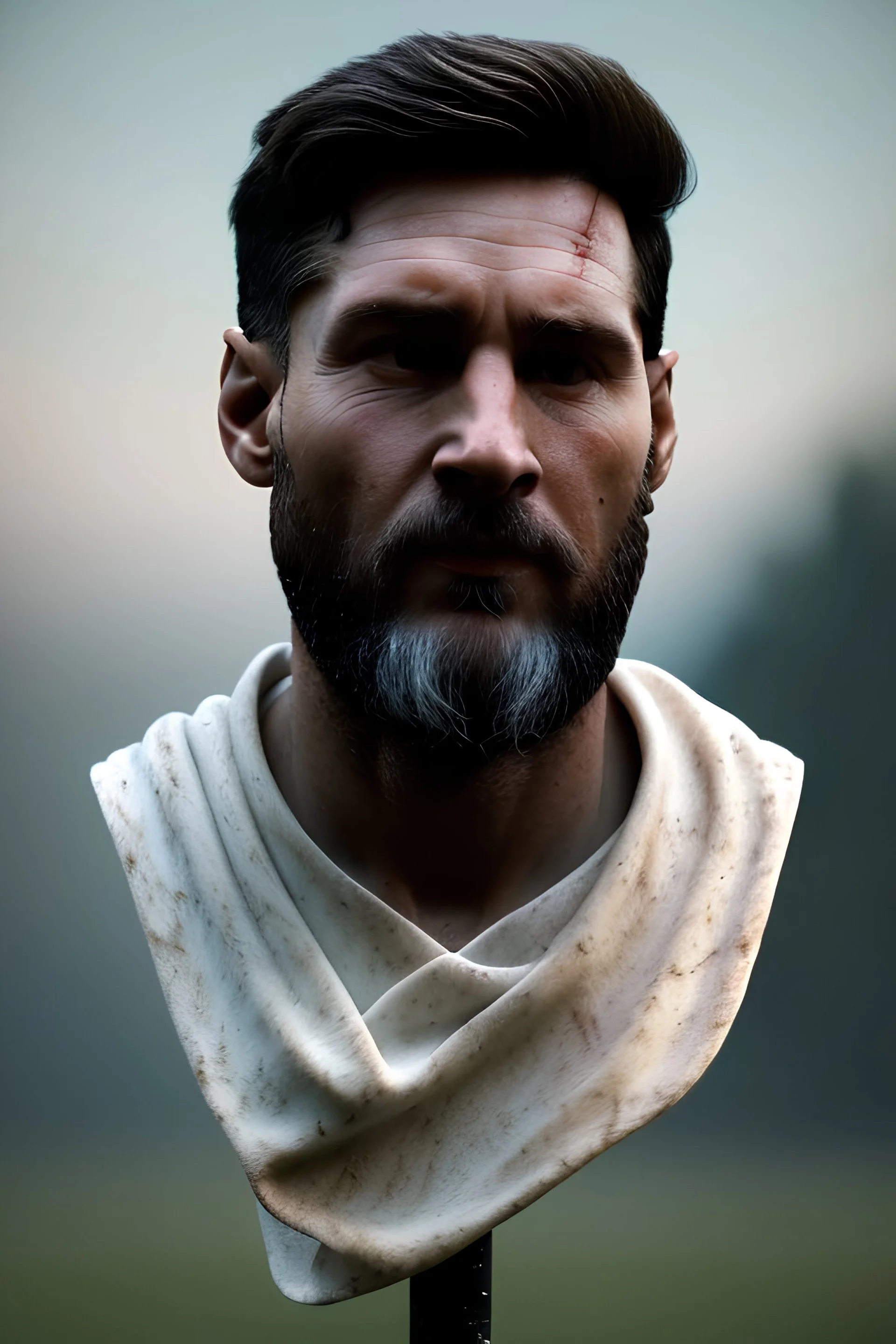 Ultra Realistic image, roman sculpture, Calacatta marble material, Lionel Messi, Laurel crown, Renaissance style, miguel angel style, chisel style, emperor, waist up portrait, epic, celestial, cinematic lighting, God light, god rays, 4k resolution, smooth details, ornate details, soft lighting, unreal engine 5, sky background.