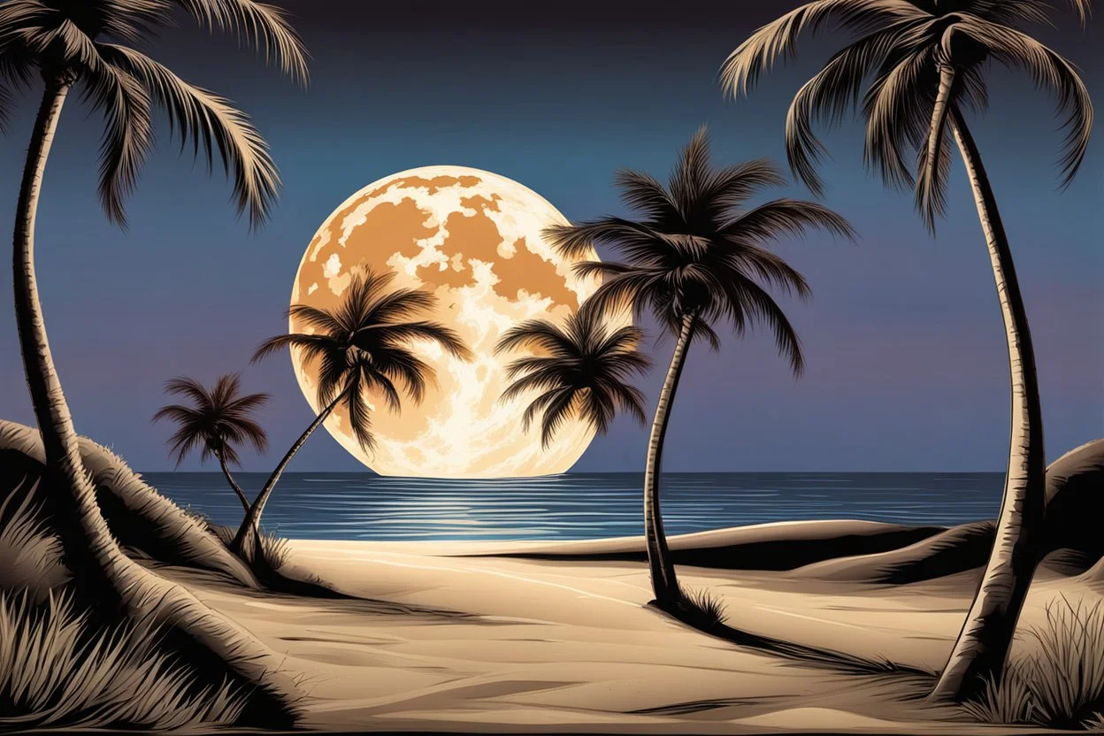 Full moon through palm trees, sandy beach, reflection in the ocean