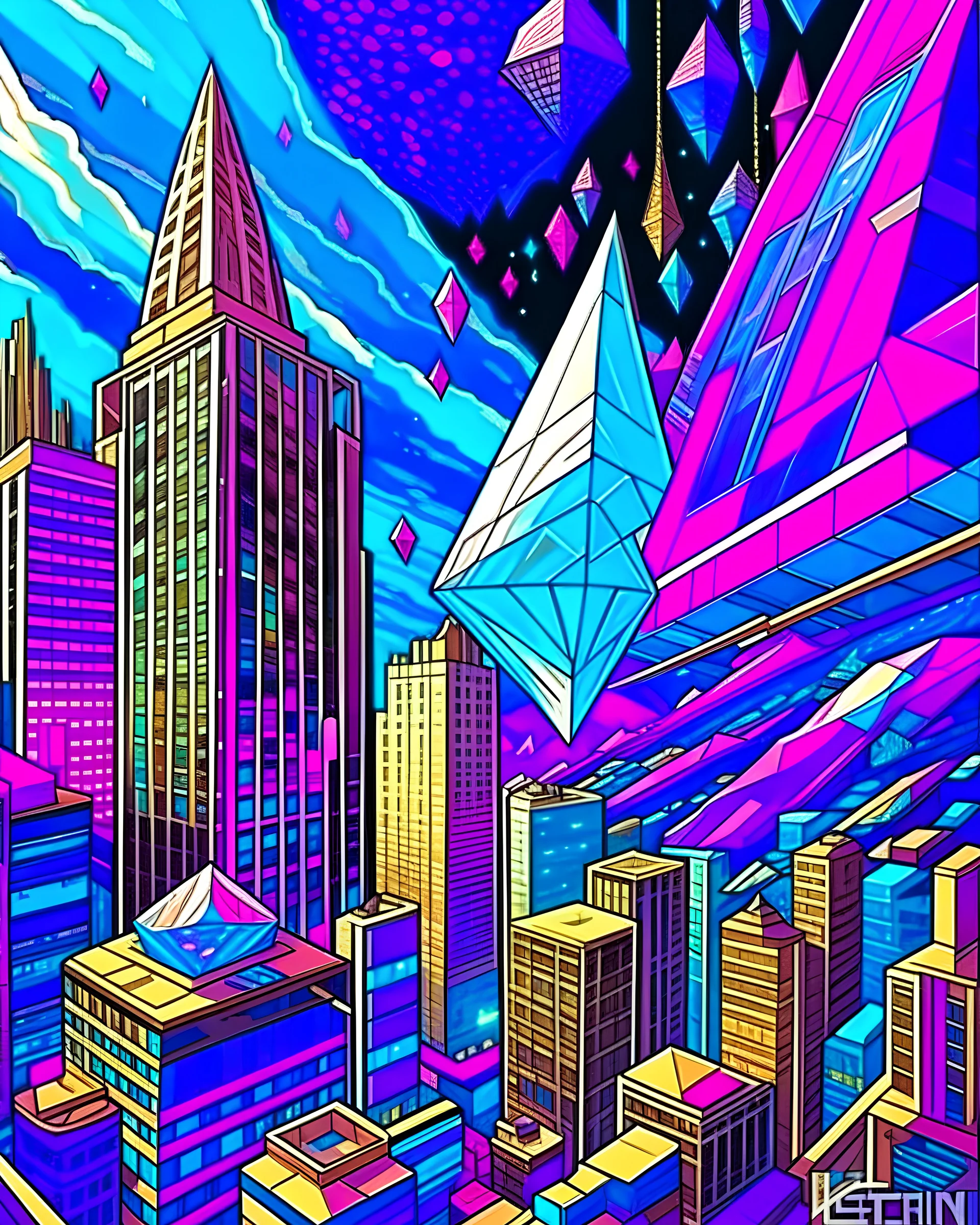 Ethereum Superweapons in an imaginative landscape of a futuristic metropolis in an ethereum gas war with towering skyscrapers, advanced transportation systems, and vibrant public spaces, in the style of cubism, geometric shapes, bold colors, and multiple perspectives, influenced by the works of Pablo Picasso and Georges Braque, envisioning the possibilities of urban life in the future.